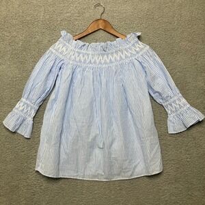 Maxsport Blouse Women S Blue White Stripe Off Shoulder Coquette Smocked Top